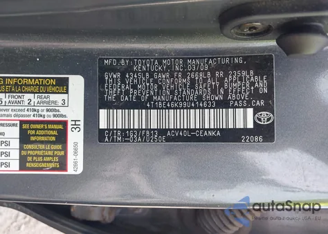2009 Toyota Camry Le from USA, damaged, VIN 4T1BE46K09U346139